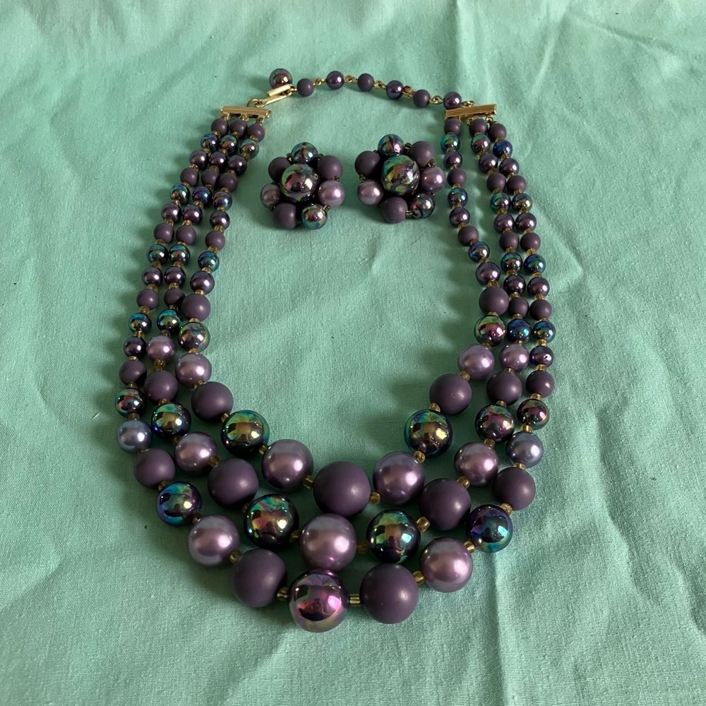 Vintage Purple Bead Necklace & Earring set